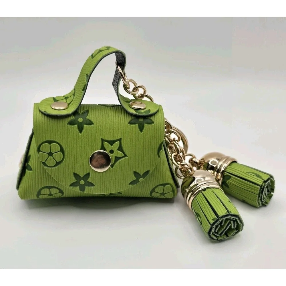 Mini Purse Key Chain Ring  Bag Purse Charm Tassel Monogram Faux PU Leather